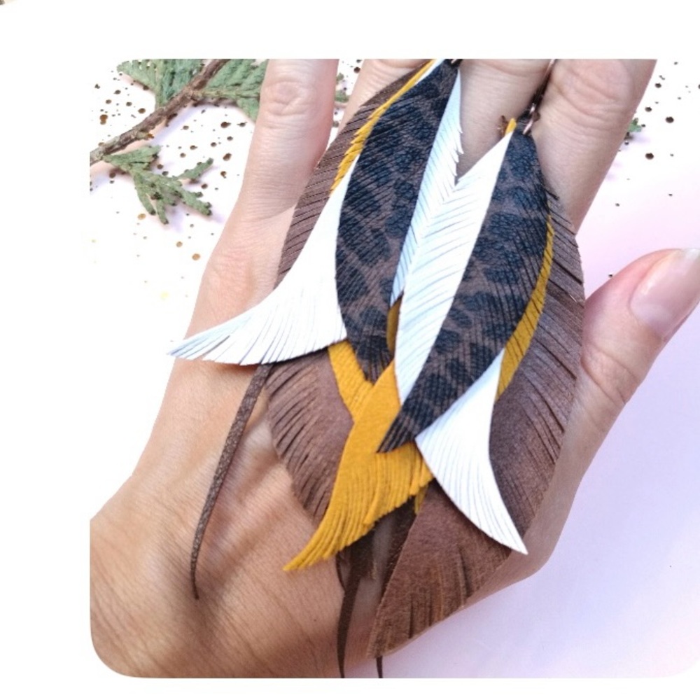 Handcrafted Feather Earrings in Brown, Yellow, and White